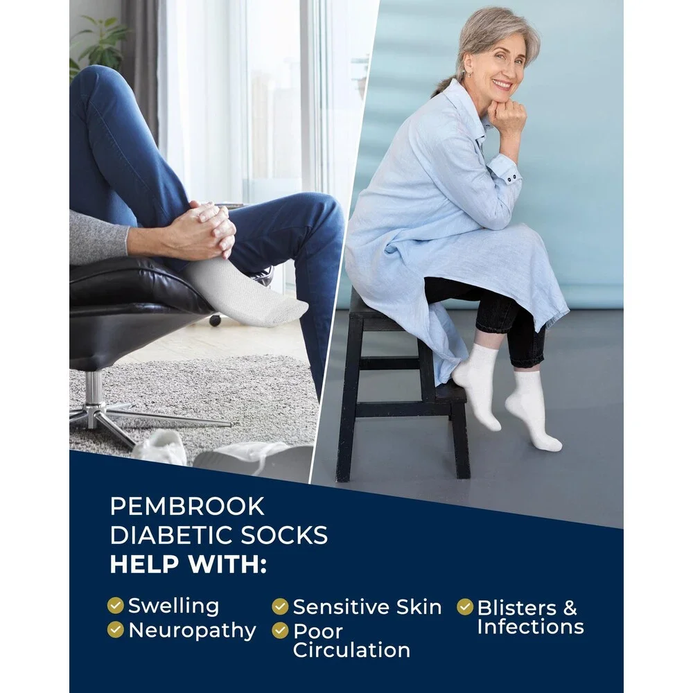 Pembrook Men's White Diabetic Socks Women Wide Stretch LARGE, WHITE - 6 PAIRS